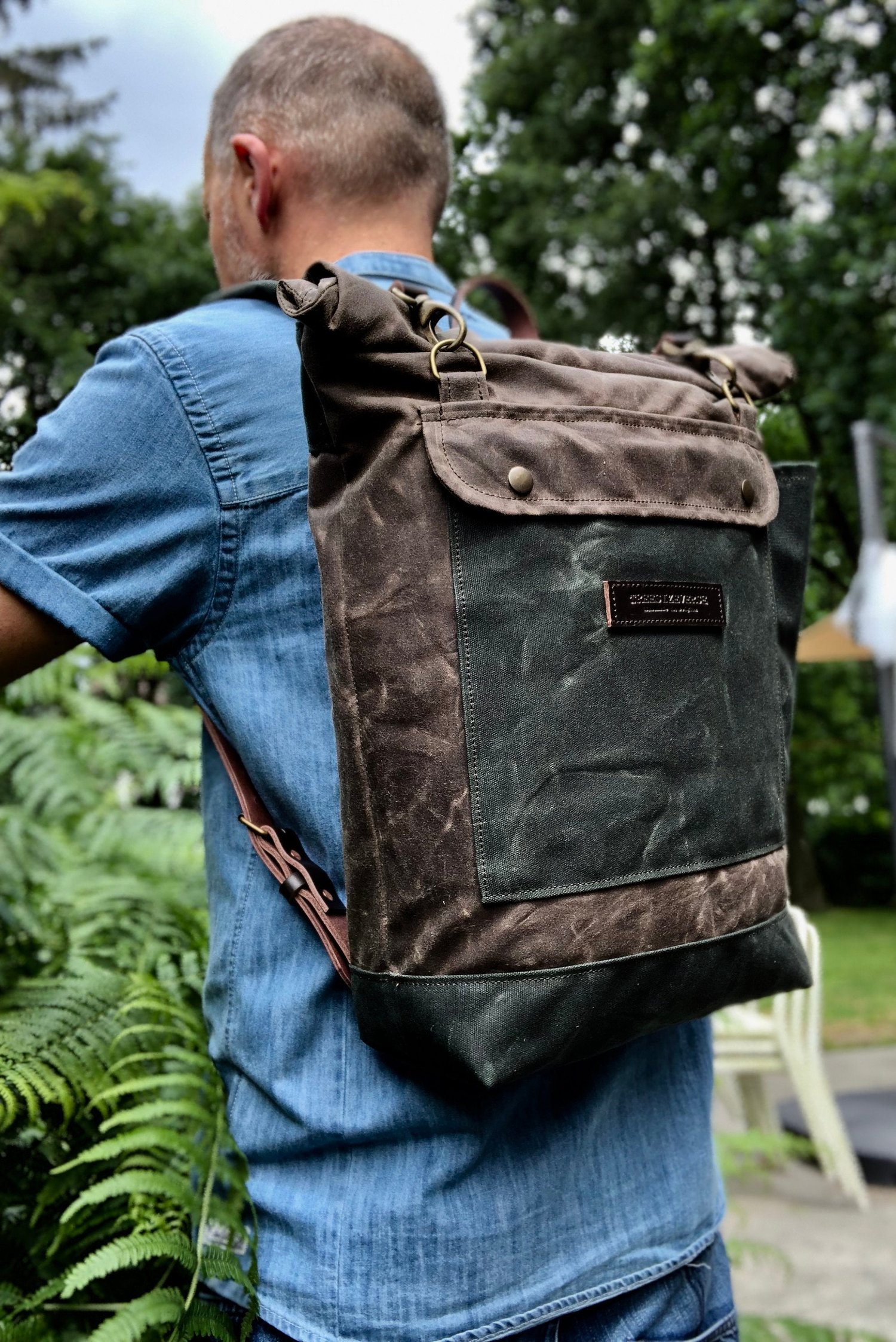 Image of College backpack in waxed canvas / waterproof rucksack with roll up top and double closure COLLECTIO