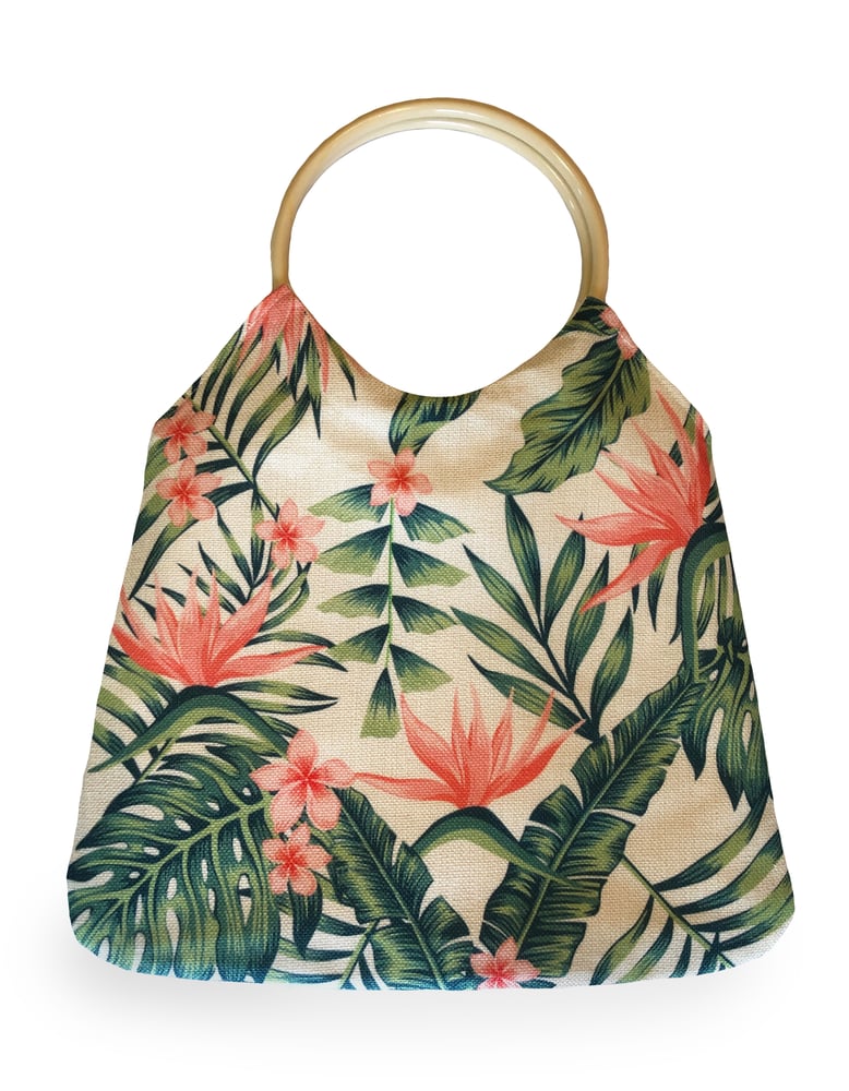 Image of Round Handle Tote 'Leaves' & 'Bird of Paradise'
