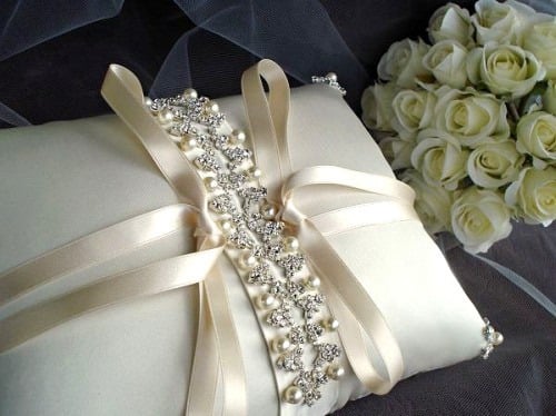 Image of Isadora Rhinestone Beaded Ivory Silk Ring Bearer Pillow