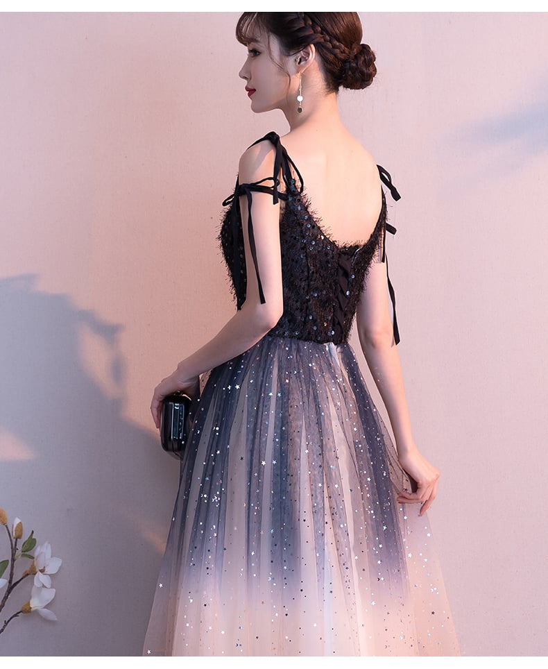 Lovely Tulle Gradient Straps Long Party Dress, A-line Bridesmaid Dress