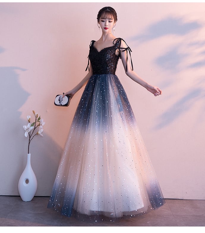 Lovely Tulle Gradient Straps Long Party Dress, A-line Bridesmaid Dress