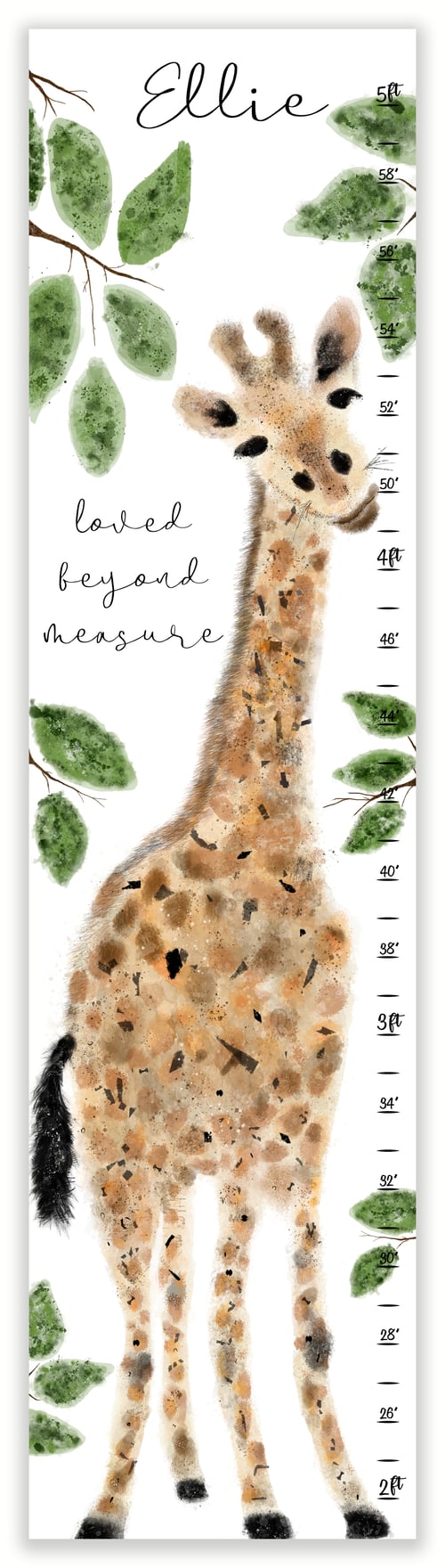 Image of Watercolor Giraffe Loved Beyond Measure Personalized Canvas Growth Chart