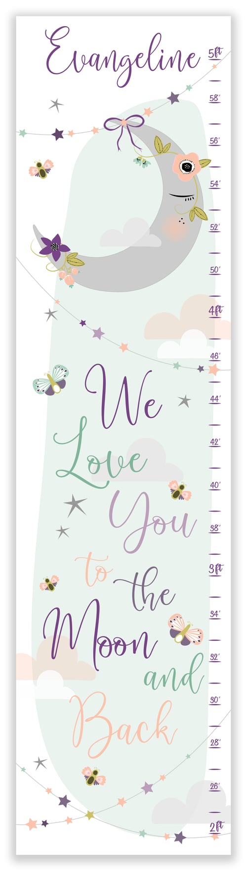 Image of We Love You To The Moon and Back Purple Floral Personalized Canvas Growth Chart