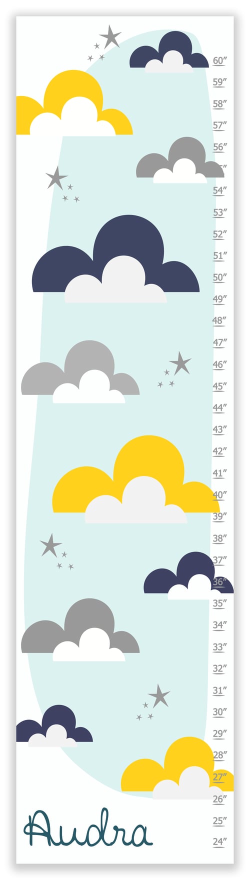 Image of Yellow and Navy Clouds and Stars Personalized Canvas Growth Chart