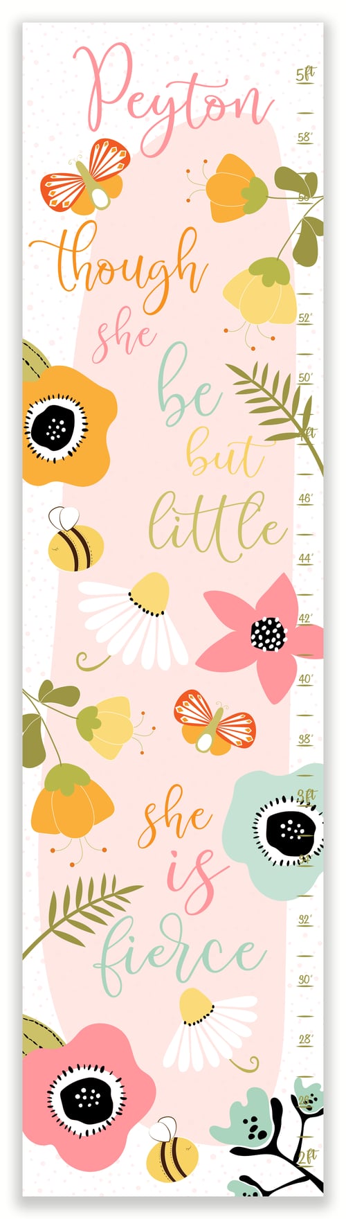 Image of Though She Be But Little She is Fierce Pink Personalized Canvas Growth Chart