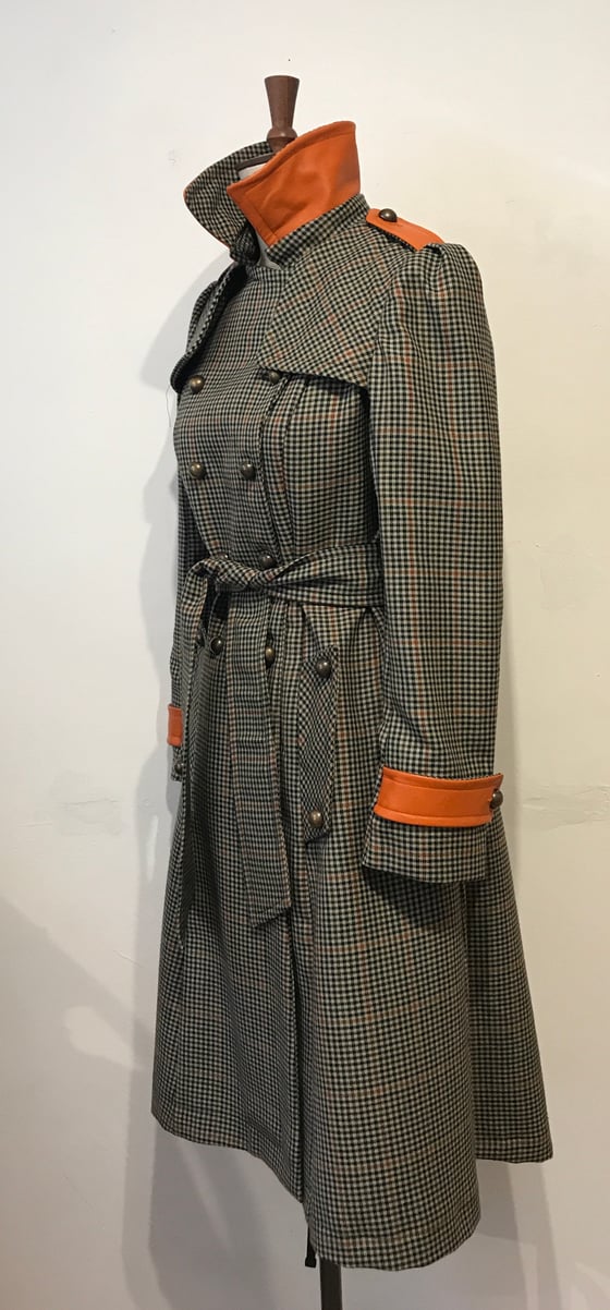 Image of Check and leather military trench coat
