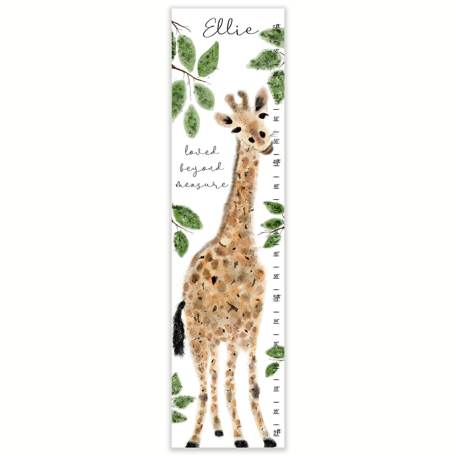 Image of Watercolor Giraffe Loved Beyond Measure Personalized Canvas Growth Chart