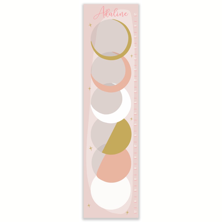 Image of Blush Pink and Gold Phases of the Moon Personalized Canvas Growth Chart
