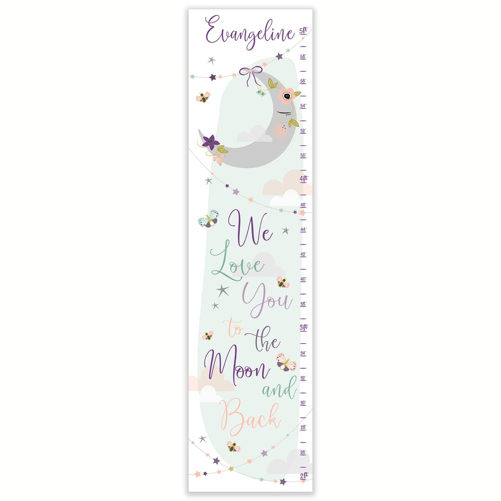 Image of We Love You To The Moon and Back Purple Floral Personalized Canvas Growth Chart