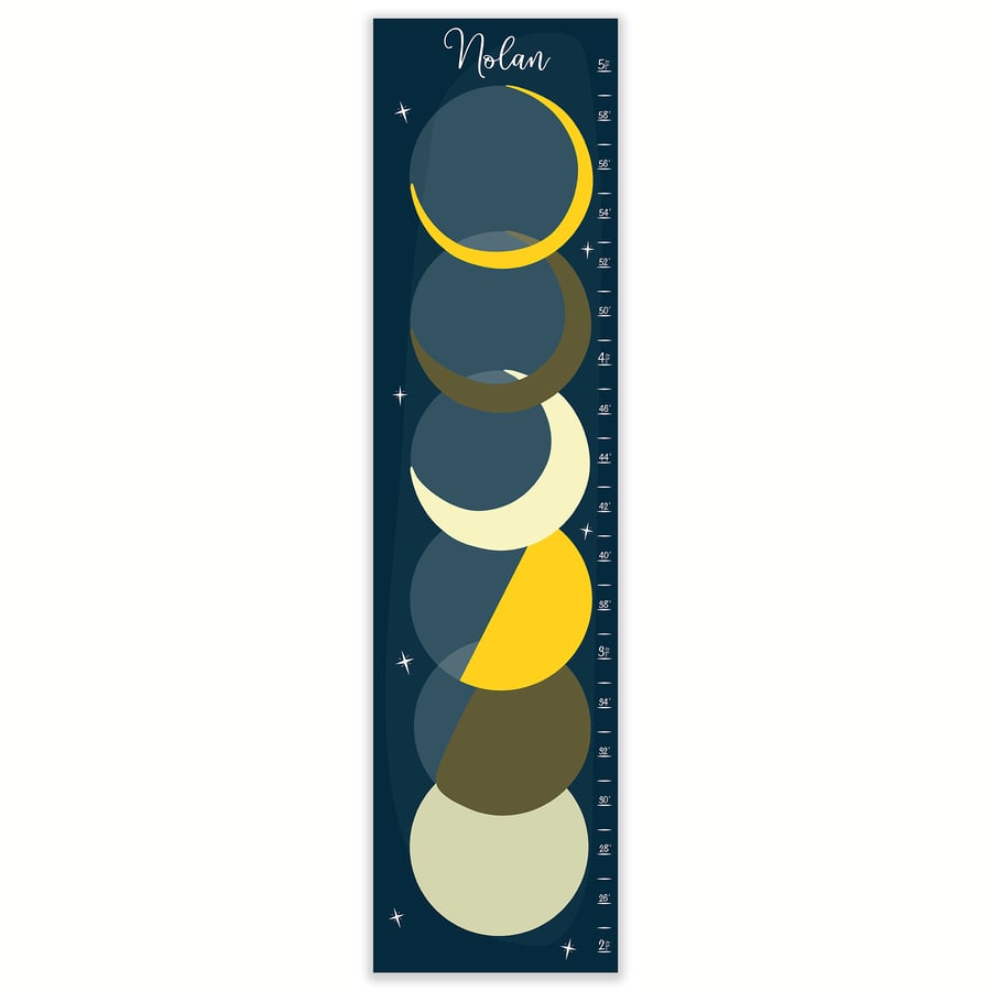 Image of Navy and Yellow Phases of the Moon Personalized Canvas Growth Chart
