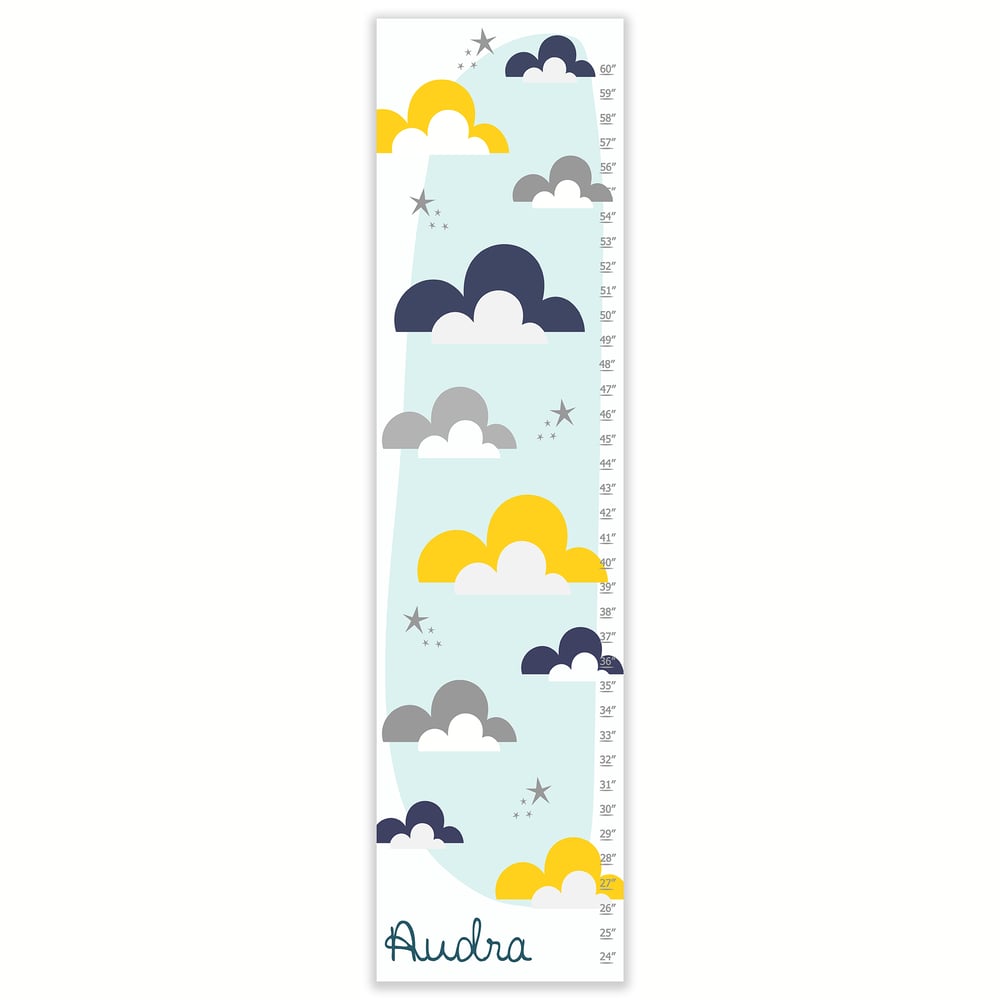 Image of Yellow and Navy Clouds and Stars Personalized Canvas Growth Chart