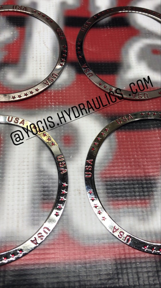 Image of Candy red USA chrome finish rings set.