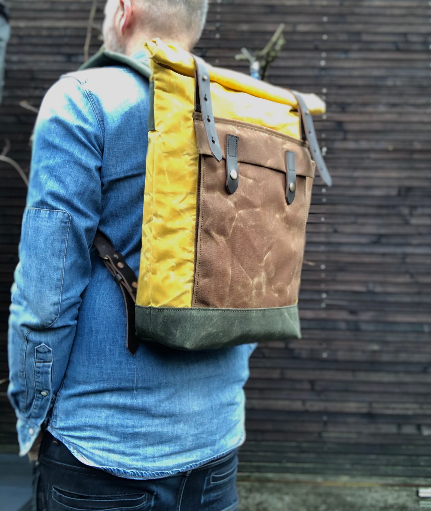 Image of Yellow waxed canvas leather Backpack medium size / Commuter backpack / Hipster Backpack with roll to