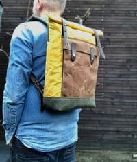 Image 5 of Yellow waxed canvas leather Backpack medium size / Commuter backpack / Hipster Backpack with roll to