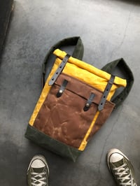 Image 3 of Yellow waxed canvas leather Backpack medium size / Commuter backpack / Hipster Backpack with roll to