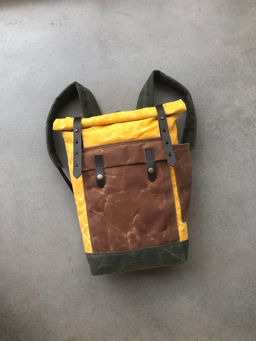 Image of Yellow waxed canvas leather Backpack medium size / Commuter backpack / Hipster Backpack with roll to