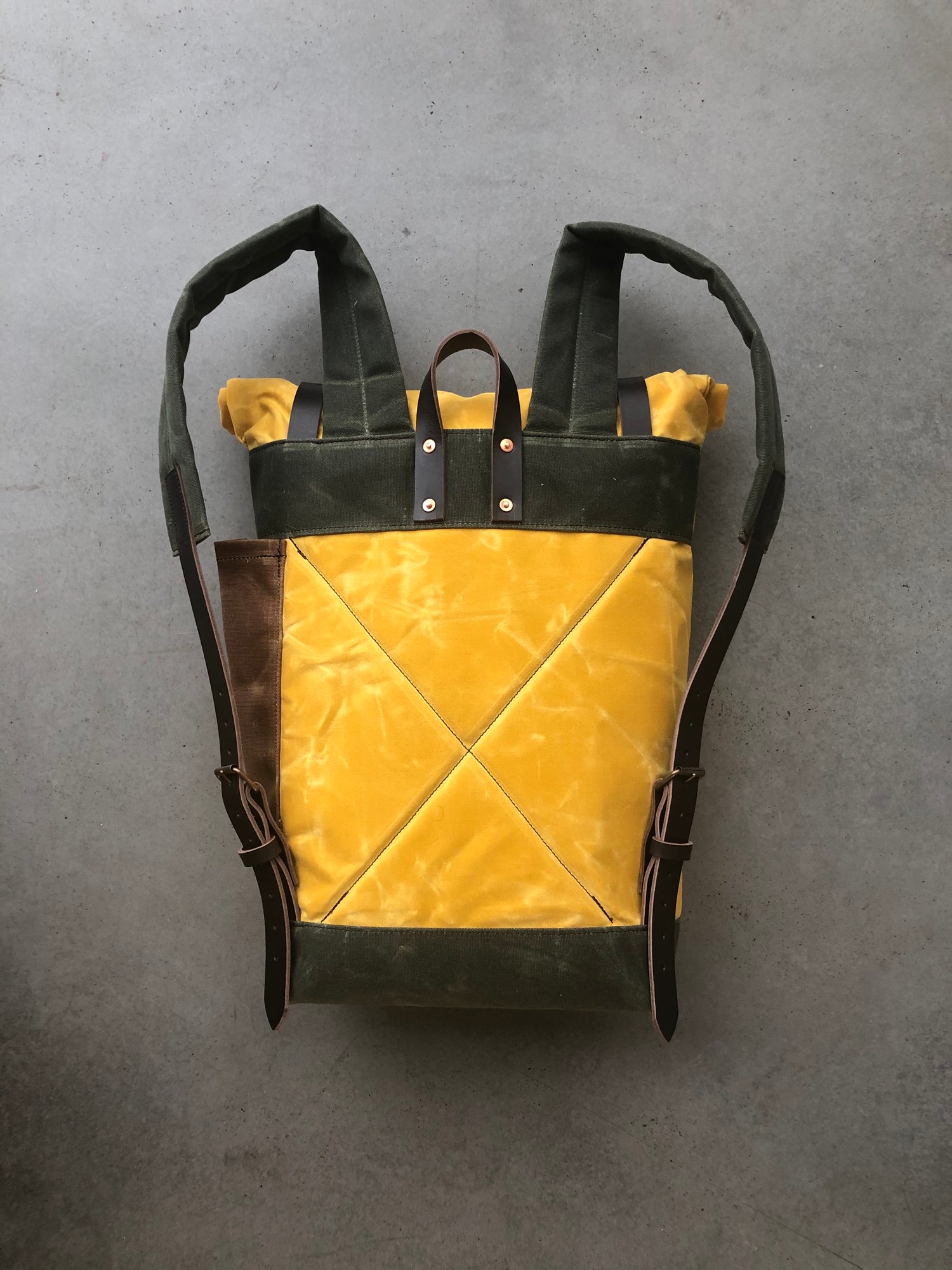 Image of Yellow waxed canvas leather Backpack medium size / Commuter backpack / Hipster Backpack with roll to