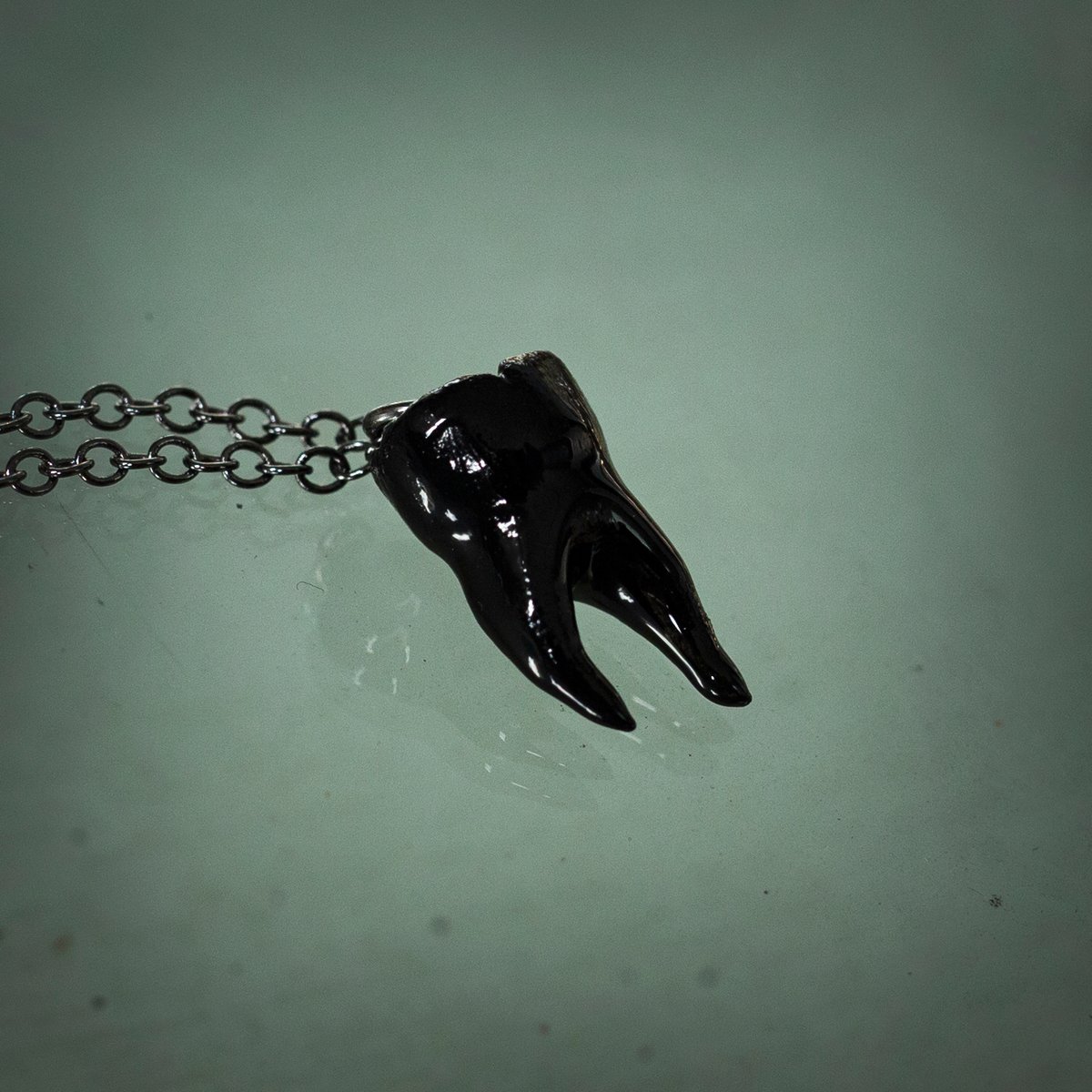 PRE-ORDER: Black 2-Root Molar Necklace on Gunmetal Chain