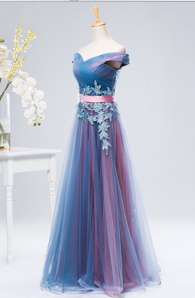Charming Sweetheart Blue and Purple Long Party Gown, Off Shoulder Prom Dress 