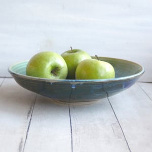 Image of Shallow Serving Bowl with Blue and Green Dripping Glazes, Made in USA