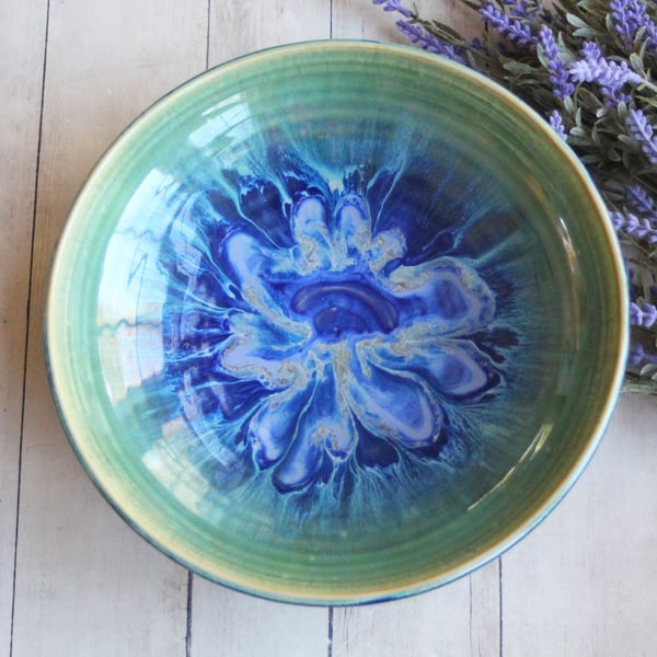 Image of Shallow Serving Bowl with Blue and Green Dripping Glazes, Made in USA