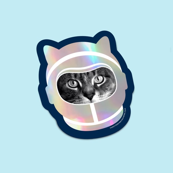 Image of holographic space cat sticker - astro cat - astronaut kitty decal