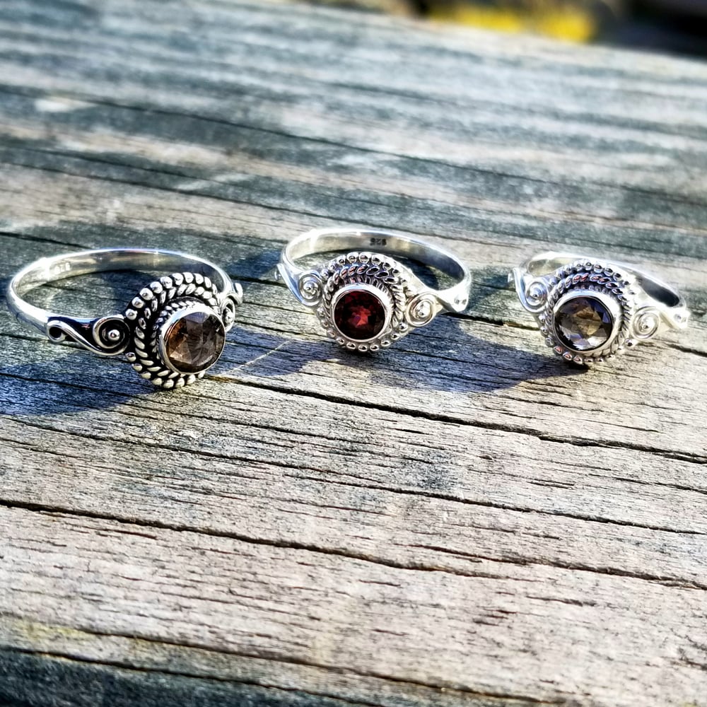 Image of Dorset Goldilocks - Faceted Garnet, Smoky Topaz, or Blue Topaz Rings in Sterling Silver 