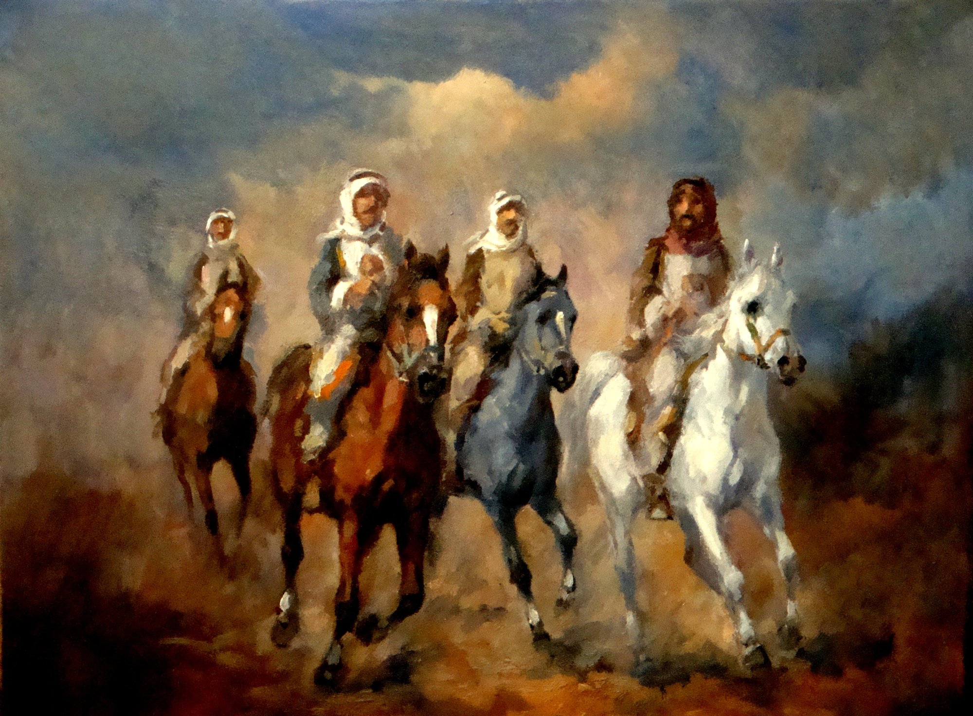 Arabian Horses W Riders Oil Painting On Canvas Qasim Ayyed Art