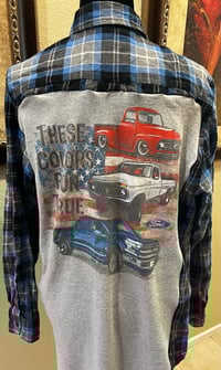 Vintage Blue/Black/White Flannel Shirt Ford Trucks 
