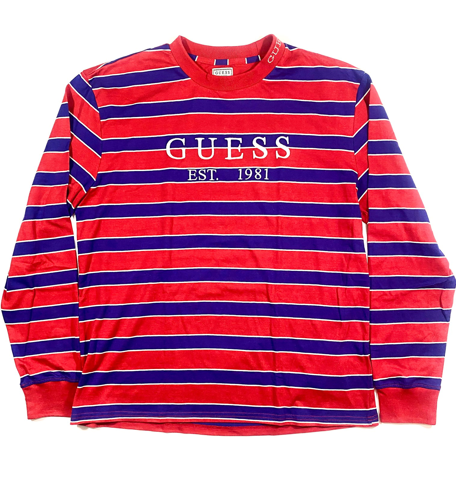 red and purple guess shirt