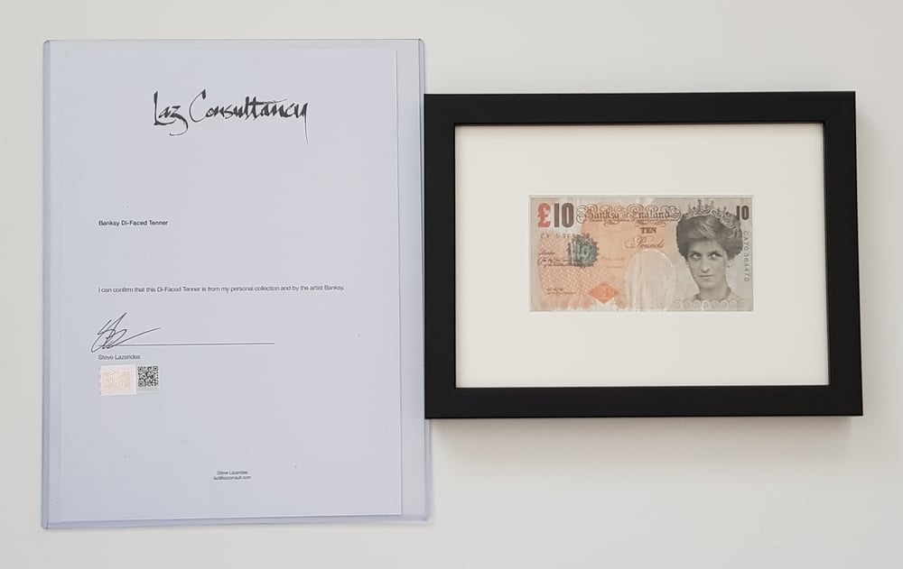 BANKSY "DI FACED TENNER" - FRAMED, COMPLETE WITH LETTER OF AUTHENTICITY FROM STEVE LAZARIDES 