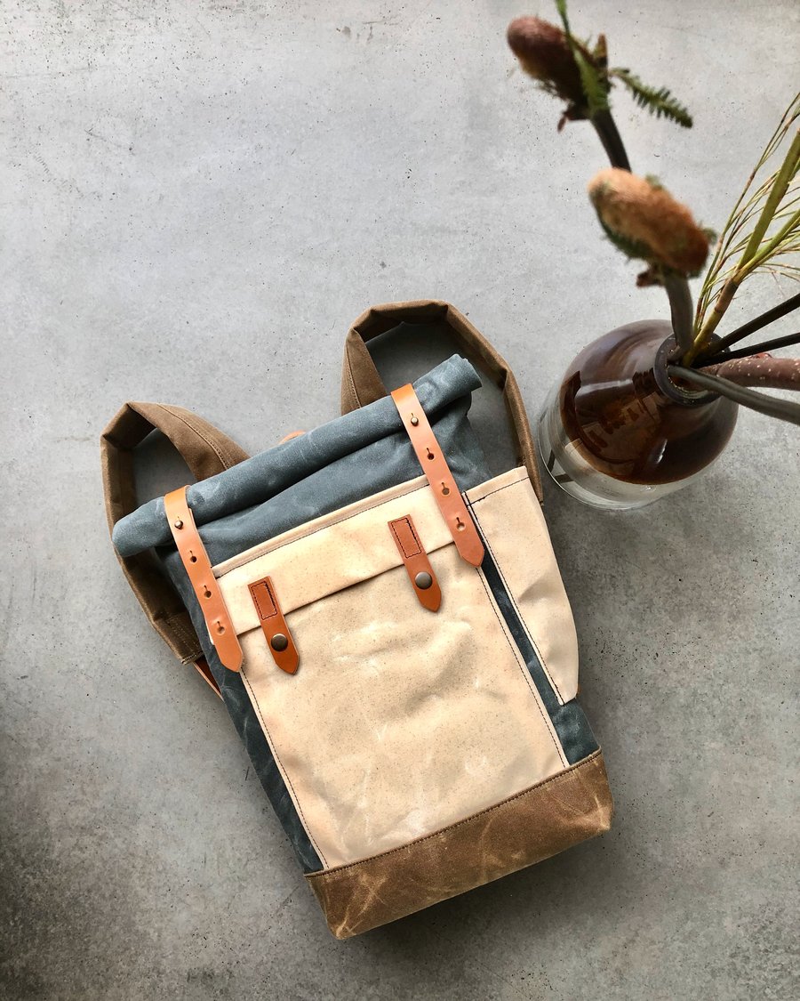 Image of Gray waxed canvas leather Backpack medium size / Commuter backpack / Hipster Backpack with roll top