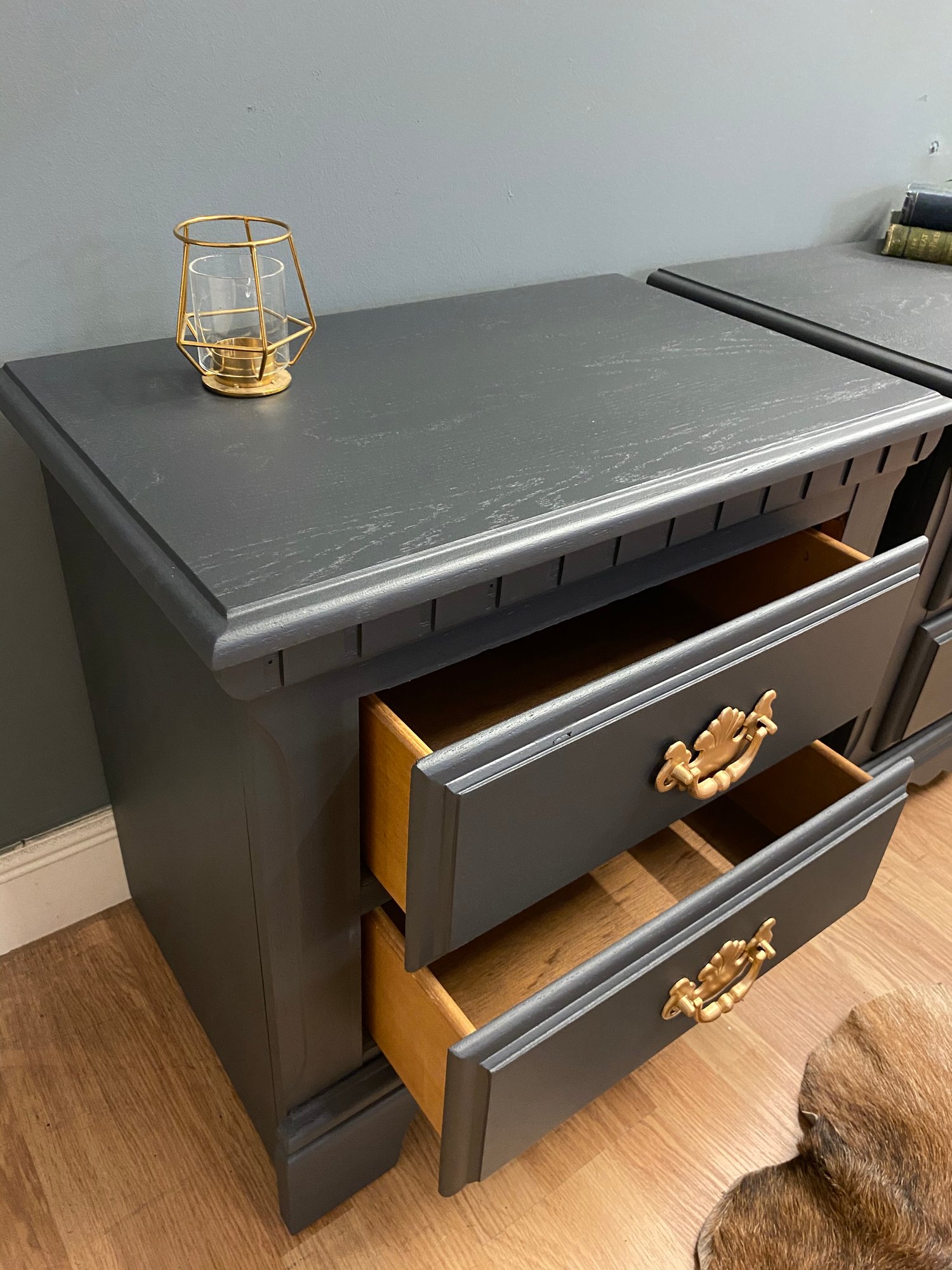 Image of A pair of dark grey American bedside tables 