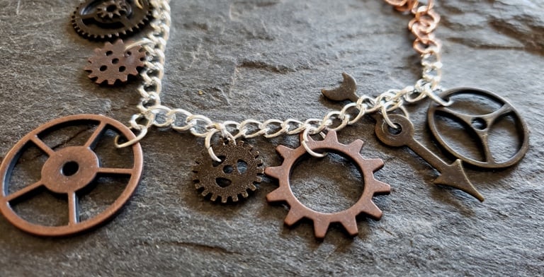 Image of Copper and Silver Clockwork Charm Bracelet, handmade