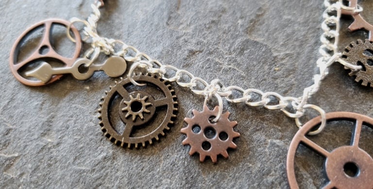 Image of Copper and Silver Clockwork Charm Bracelet, handmade