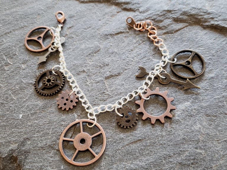 Image of Copper and Silver Clockwork Charm Bracelet, handmade