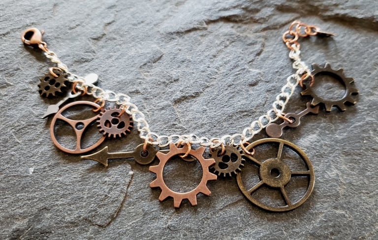 Image of Antique Gold and Copper Clockwork Charm Bracelet, handmade