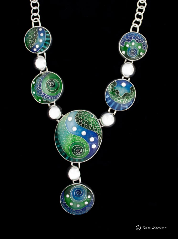 Image of Blue and Green Cloisonné and Basse Taille Enamel Necklace 
