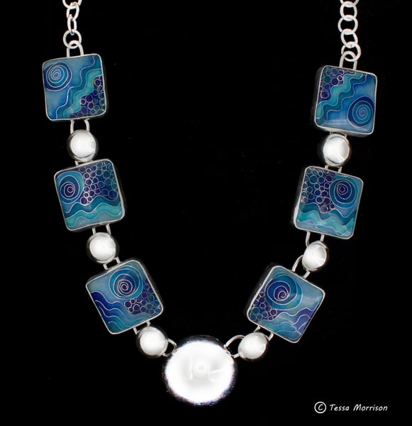 Image of Blue Cloisonné Enamel Necklace  with Silver Domes