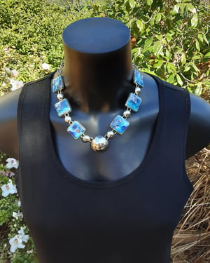 Image of Blue Cloisonné Enamel Necklace  with Silver Domes