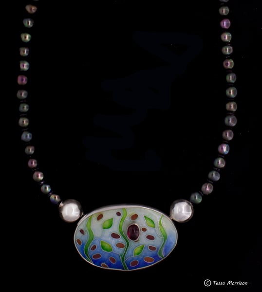 Image of Delicate: Cloisonné Enamel, Garnet and Black Pearl Necklace 