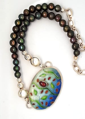 Image of Delicate: Cloisonné Enamel, Garnet and Black Pearl Necklace