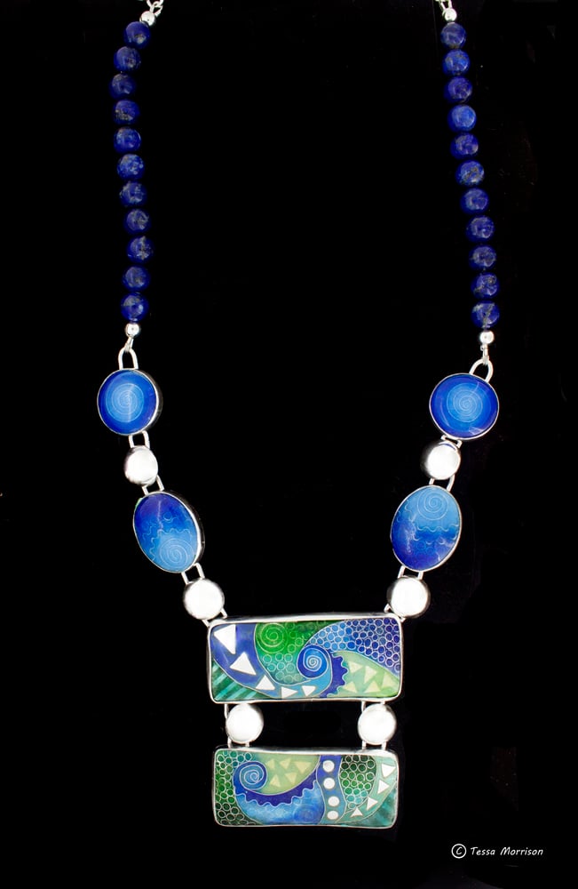 Image of Cloisonné and Basse Taille Enamel Necklace with Lapis Lazuli Beads