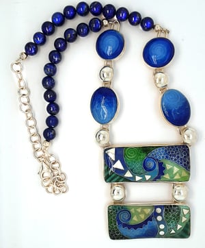 Image of Cloisonné and Basse Taille Enamel Necklace with Lapis Lazuli Beads