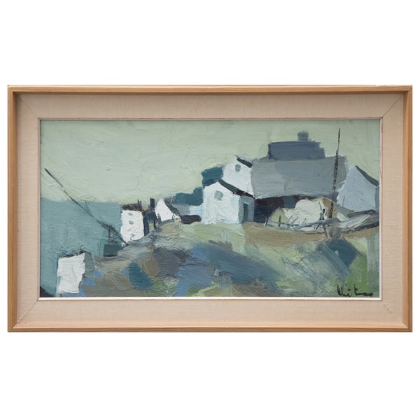 Image of Swedish Oil Painting 'Fishing Village'  P Kristansen