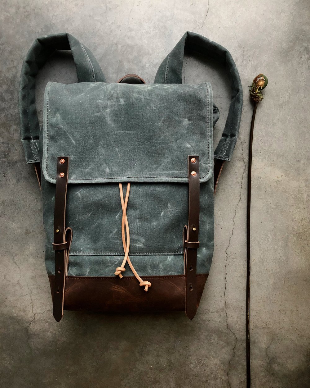 Image of Backpack in gray waxed canvas / rucksack with folded top and waxed canvas flap