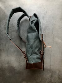 Image 2 of Backpack in gray waxed canvas / rucksack with folded top and waxed canvas flap