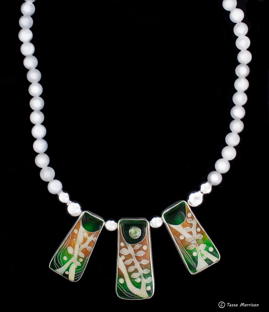 Image of Tranquil: Cloisonné Enamel, Silver, Green Zircon and White Jade Necklace
