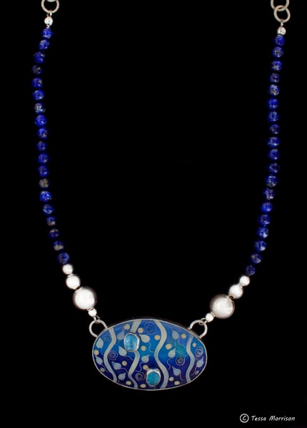 Image of Cloisonné Enamel Necklace with Blue Topaz Cabochons and Lapis Lazuli beads 