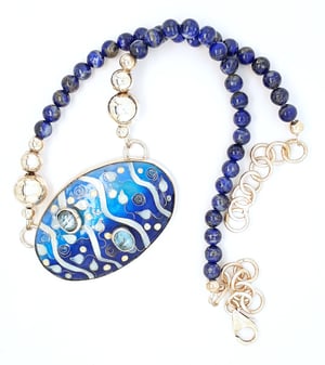 Image of Cloisonné Enamel Necklace with Blue Topaz Cabochons and Lapis Lazuli beads